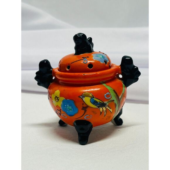 Japanese Satsuma Morage Incense Pot Orange Birds Hand Painted - Picture 1 of 6